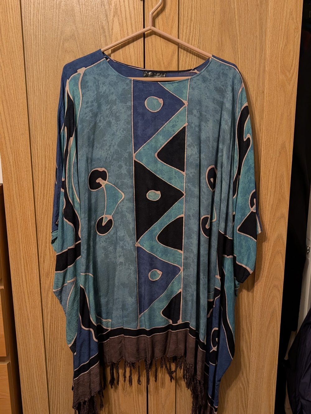 Teal & Navy Geometric Poncho Shrug with Fringe